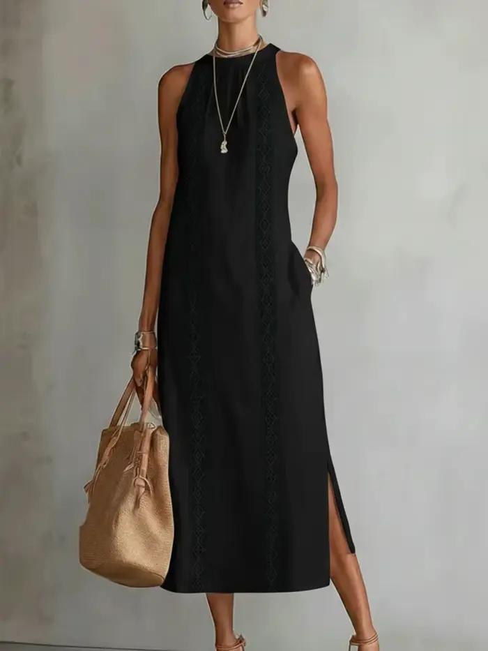 Robe longue d'été ample pour femme, style vintage, couleur unie, avec dentelle, sans manches, col ha