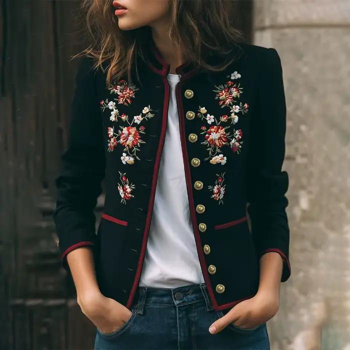 Femmes manteau veste imprimé fleur col montant simple boutonnage poche manteau mode décontracté auto