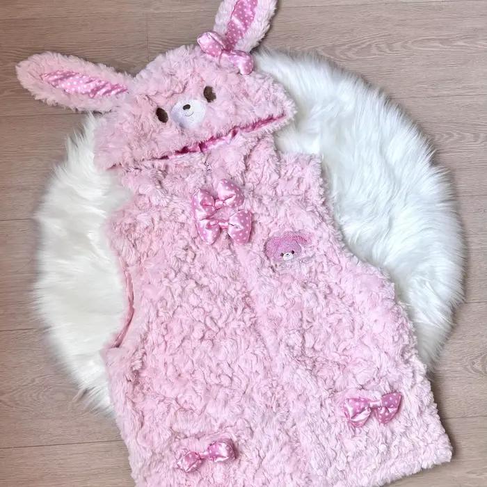 Veste à capuche avec oreilles de lapin japonais, manteaux en laine d'agneau Grunge esthétique Y2k, f