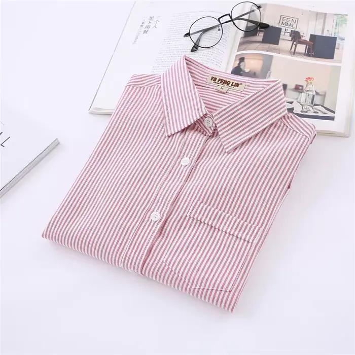 Chemise rayée en coton à manches longues pour femmes, chemisiers à revers décontractés, vêtements si