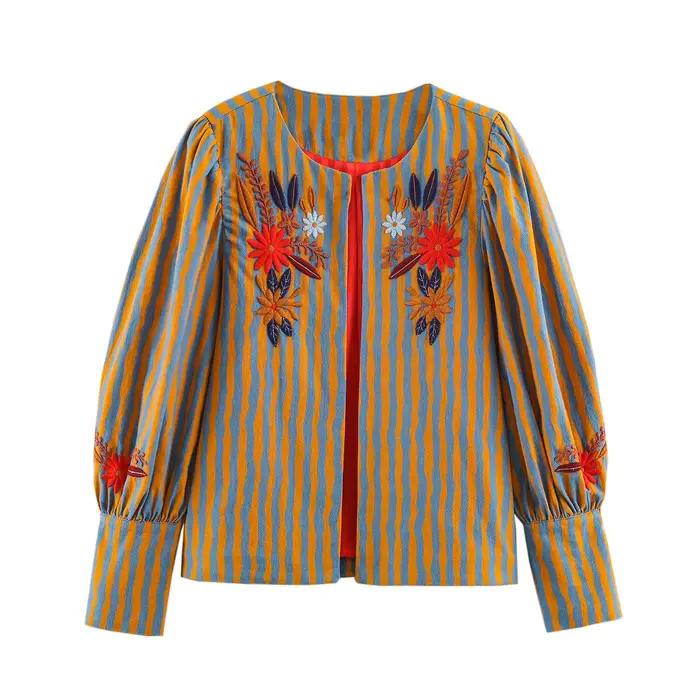 Vestes brodées de fleurs pour femmes, manteaux à rayures à col rond et manches longues, mode décontr