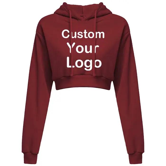 Sweat à capuche court avec Logo personnalisé imprimé pour femme, pull-over de couleur unie avec cord