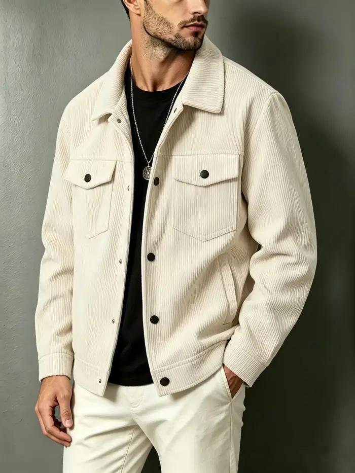 Veste en velours côtelé pour homme, col rabattu, double poche poitrine, boutonnée, décontractée, man