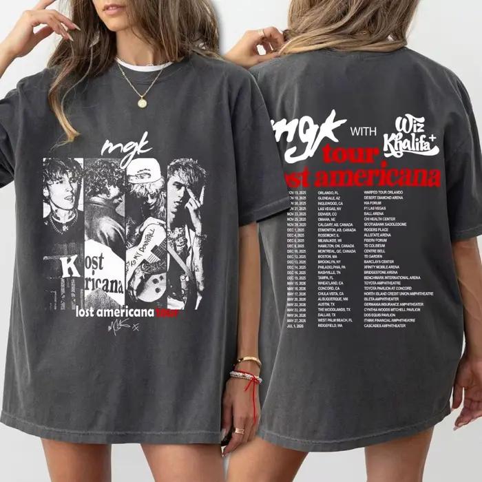 T-shirt MGK Lost Americana Tour, t-shirt graphique grunge des années 90, devant et dos, dates de tou