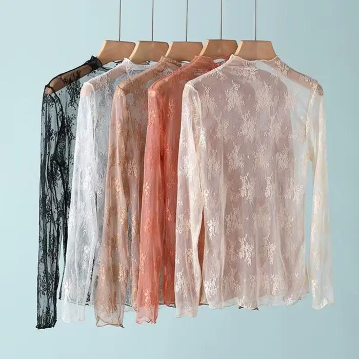T-Shirts en maille pour femmes, chemisier en dentelle transparente, manches longues, hauts transpare