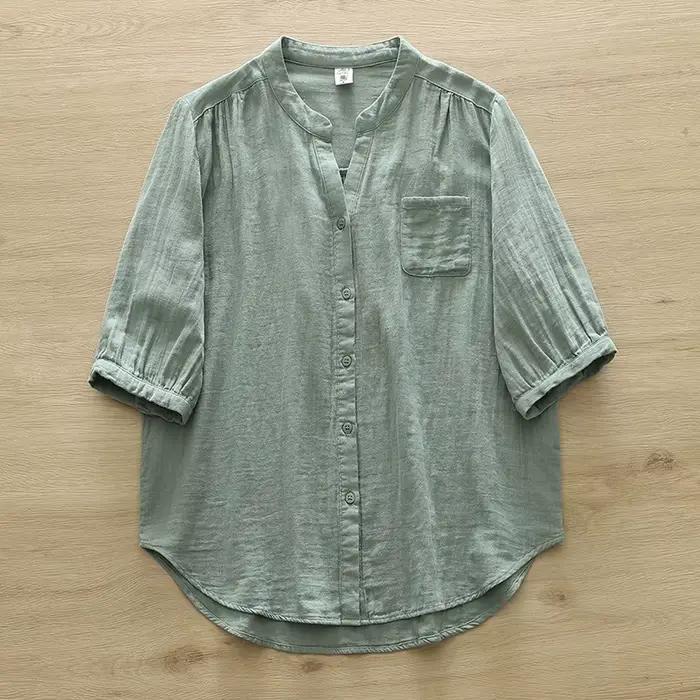 Chemises blanches en fil de coton pour femmes, chemisiers à col en V, demi-manches, dame, Y-Soft, vê