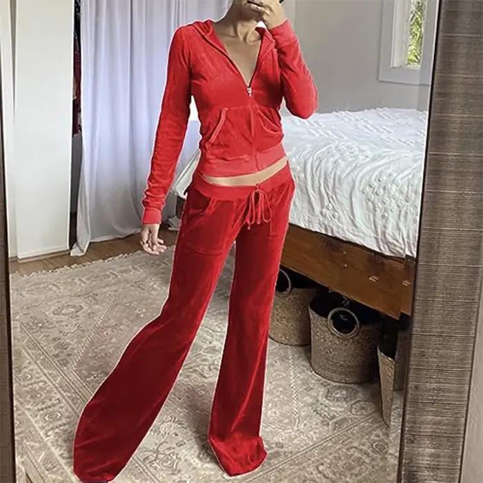 Ensemble de survêtement en velours pour femme, veste à capuche zippée, pantalon de survêtement imbib