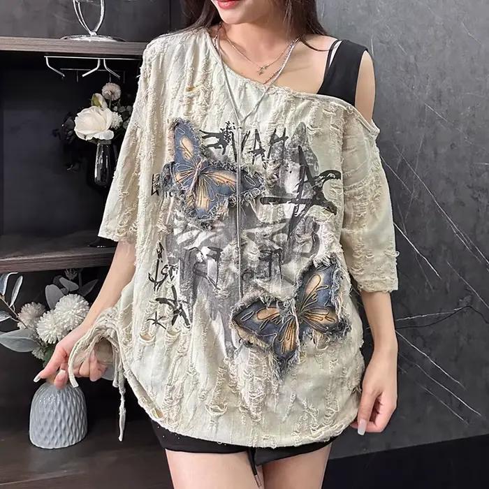 T-shirt femme tendance à imprimé, à franges, à fronces et brodé, nouvelle collection été, coupe ampl