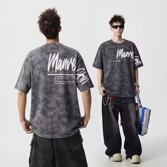 T-shirts Oversize Homme Tie-Dye Imprimé Lettres Vintage Décontractés Style Rétro Streetwear Y2K Mode