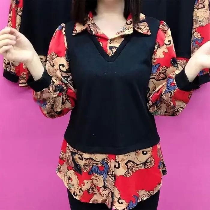 Faux chemisier à manches longues imprimé vintage pour femmes, chemise épissée, vêtements de trajet, 
