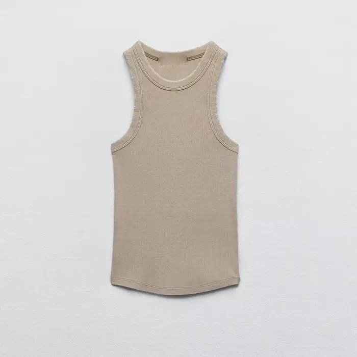 Débardeur côtelé slim délavé sans manches pour femme – Tendance, décontracté, longueur basique 50-65