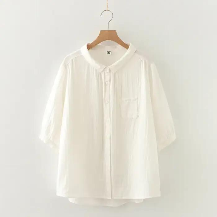 Chemises d'été en fil de coton pour femmes, chemisiers blancs, demi-manches, hauts amples, vêtements