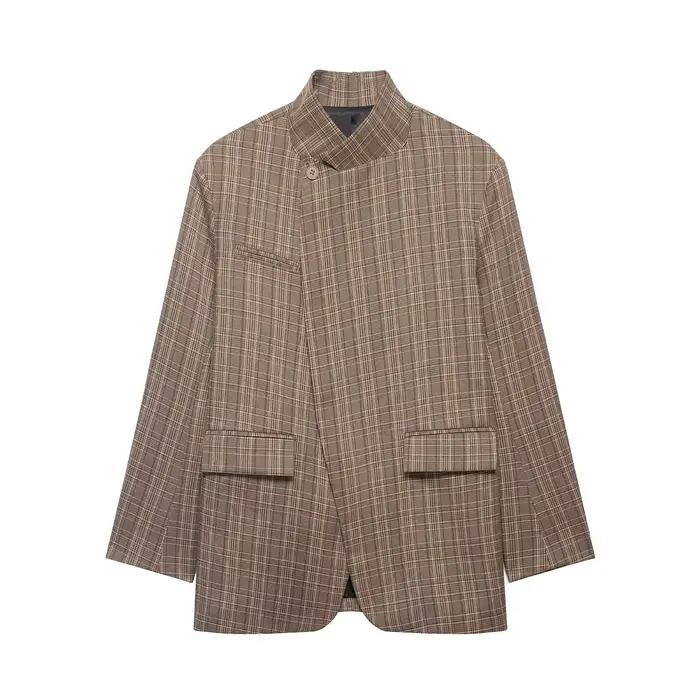 Blazer à carreaux pour femme, col montant, manches longues, bouton unique, style décontracté, mode f