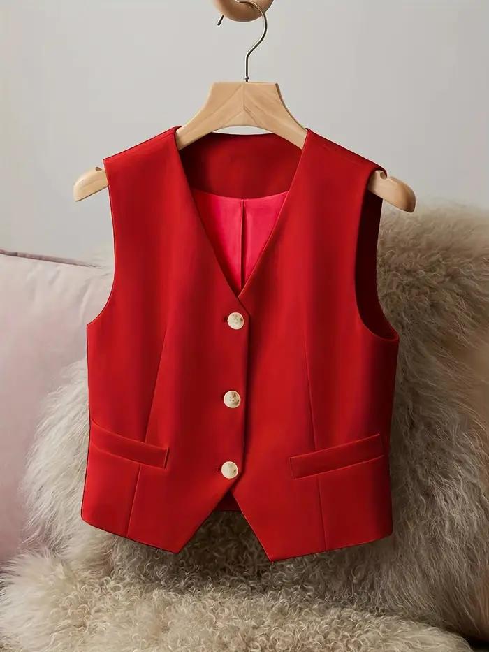 Gilet sur mesure rouge élégant pour femmes, col en v, boutonné sur le devant, sans manches, pour le 
