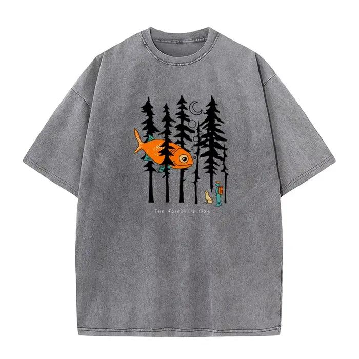 T-shirt manches courtes col rond homme, estival et vintage, en pur coton, avec image de la forêt est