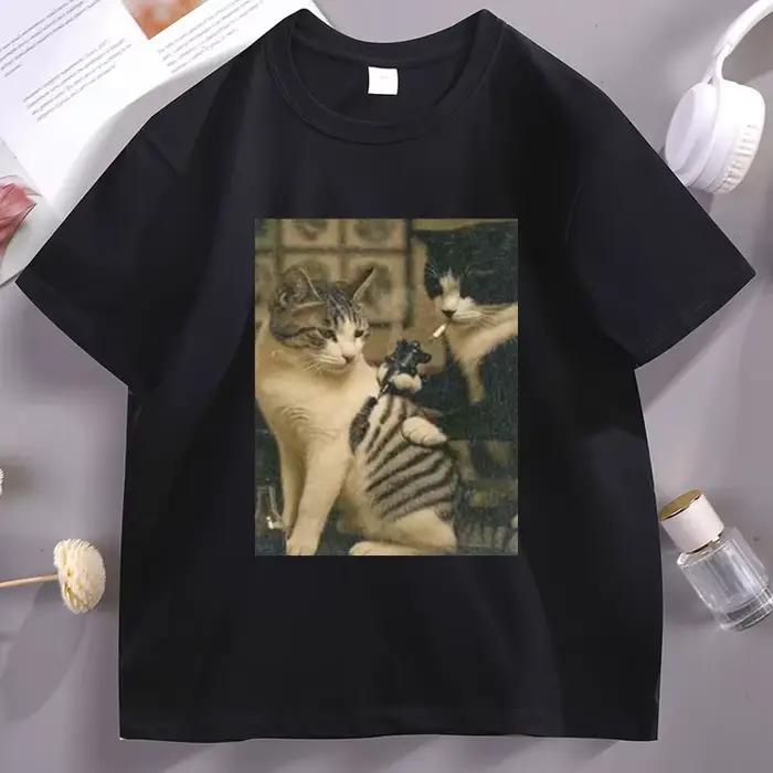 Tatouage chat Meme t-shirt décontracté coton à manches courtes t-shirts graphiques Streetwear haute 