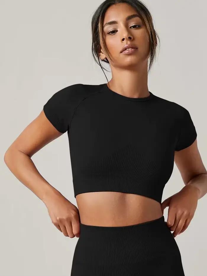 T-shirt de sport sans couture pour femme, haut de yoga, vêtements de fitness, chemise de gym, vêteme