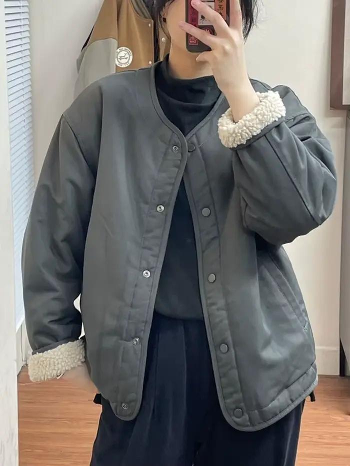 Veste en laine d'agneau à la mode et polyvalente pour femme en hiver avec manteau rembourré en coton