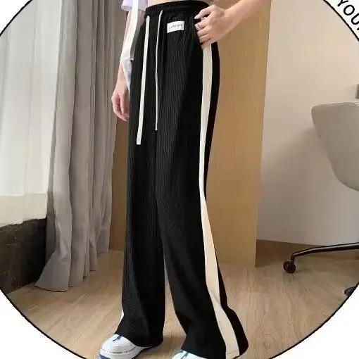 Jogging de sport bleu pour femme, pantalon noir à jambe droite, vêtements pour femme, taille élastiq