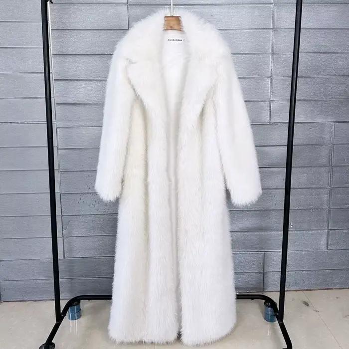 Manteau Long en Fausse Fourrure pour Femme, Grande Veste, Pardessus Blanc, Col Rabattu, Poches Optiq