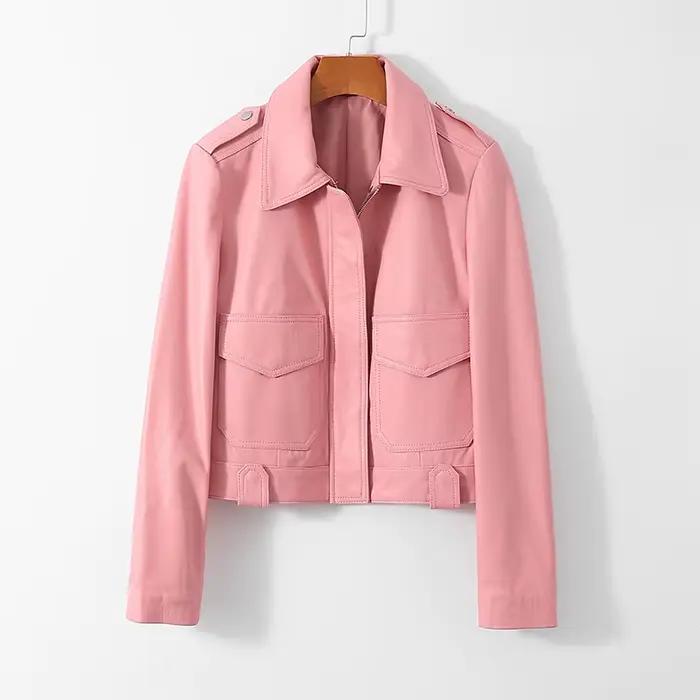 100% couche supérieure vestes en peau de mouton femme décontracté court motard veste en cuir véritab