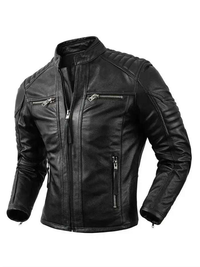 Veste de moto à col montant en cuir de vachette naturel pour hommes, vêtements de motard, marron rét