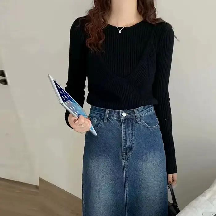 Pull à Base tricotée à col rond pour femme, couleur unie, rétro, deux faux, nouvelle veste Slim, aut