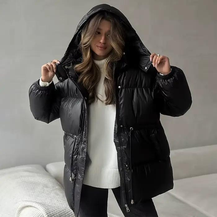 Veste mi-longue à capuche marron pour femme, manteau en coton, couleur unie, manches longues, cordon