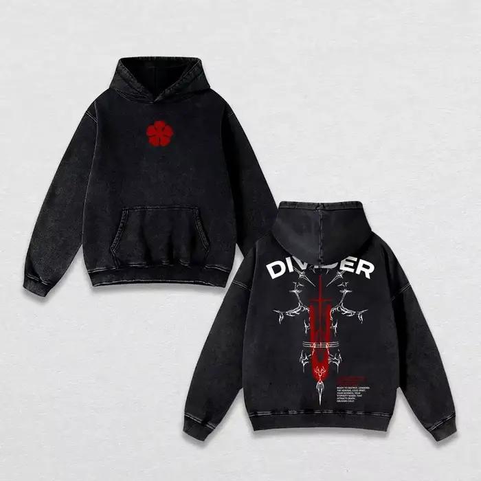 Sweat-shirt à capuche imprimé Asta Black Clover pour hommes et femmes, style vintage délavé, en coto