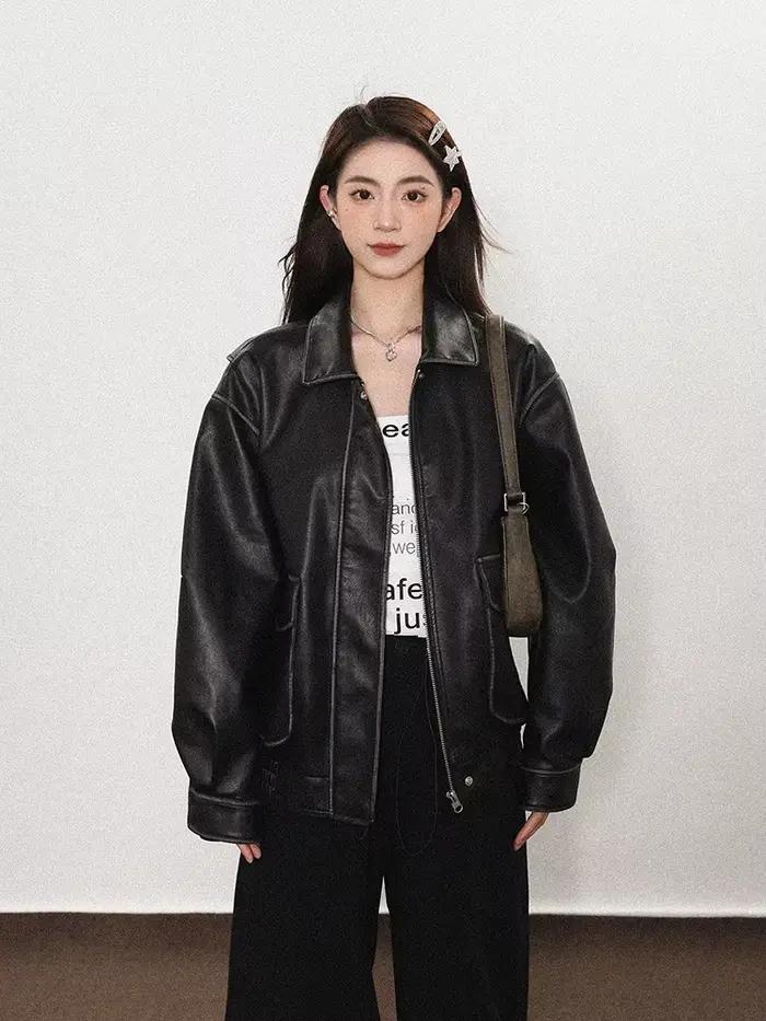 Lautaro printemps automne Cool beau doux Vintage en détresse marron Pu veste en cuir femmes à manche