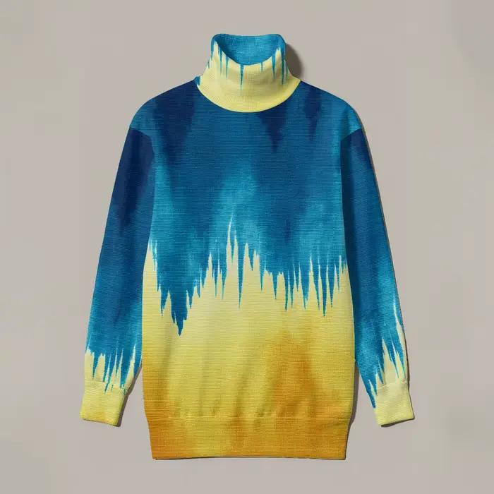 Sweat-shirt dégradé bleu jaune, col haut, effet goutte à goutte, manches longues, imprimé artistique