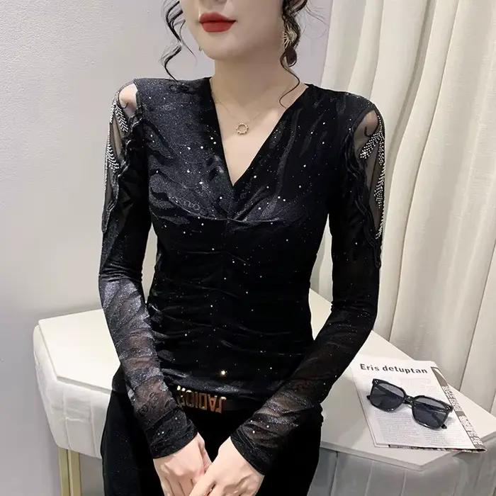 T-shirt en maille à col en v pour femmes, manches longues, mode européenne, haut de repassage, tempé