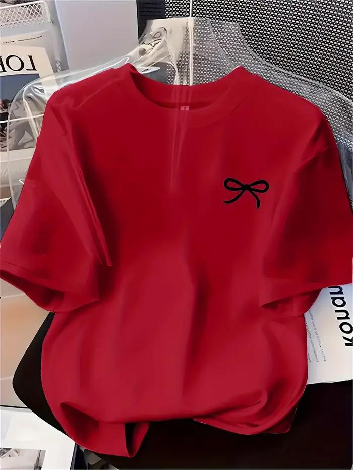 Nouveau T-shirt pour femme noir imprimé nœud, style simple, décontracté, à manches courtes, doux et 