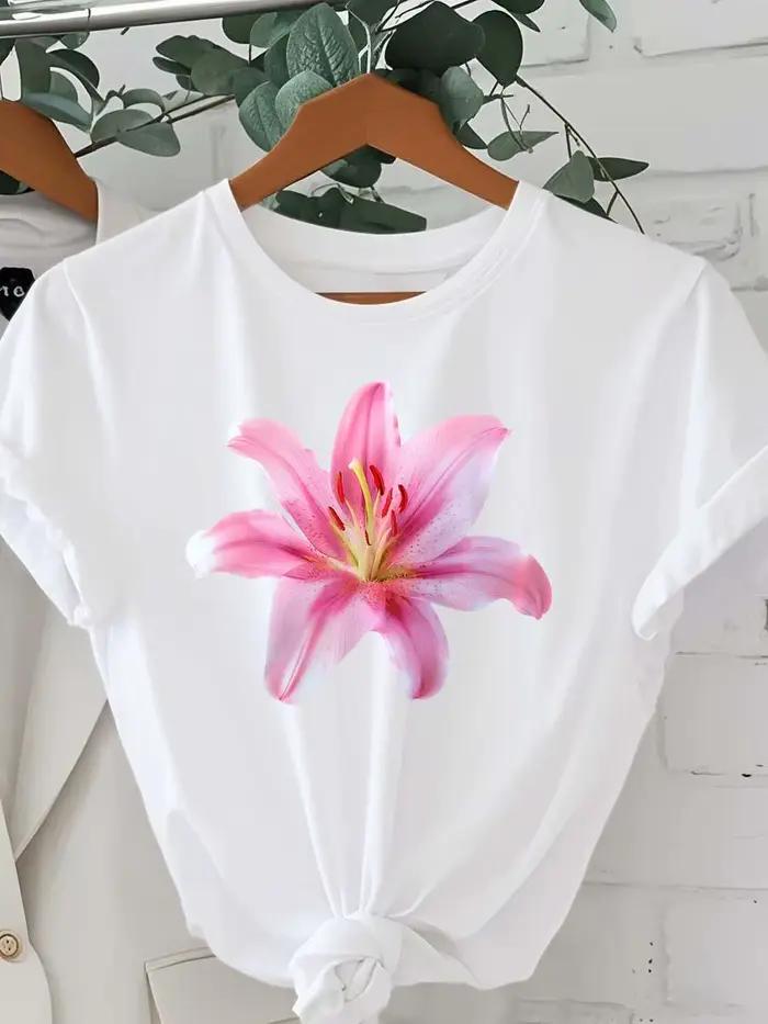 T-shirt élégant à imprimé graphique de fleurs de lys, design artistique, mode féminine, confortable,