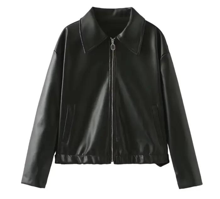 Veste en cuir pour femme, style vintage, fermeture éclair, manches longues, manteau en PU pour femme