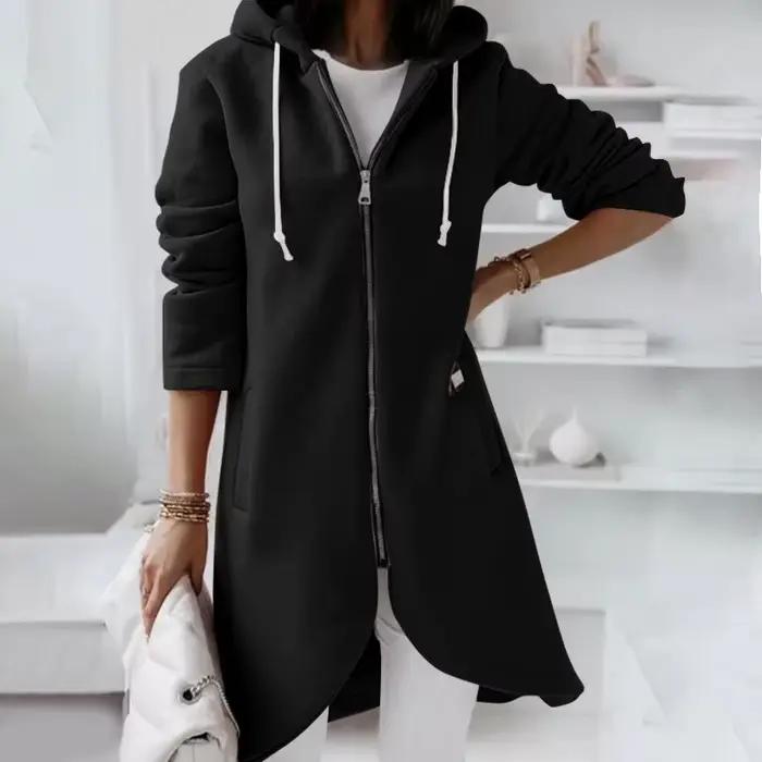 Nouveau sweat à capuche zippé long en polaire pour femme, collection automne/hiver 2026, style décon