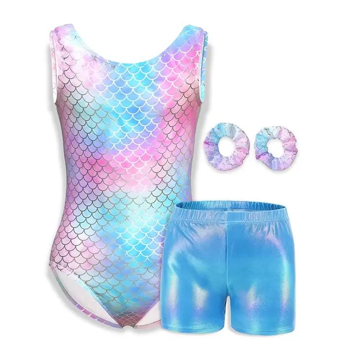 Justaucorps de gymnastique pour filles, vêtements de danse pour enfants avec short assorti, bandeau 