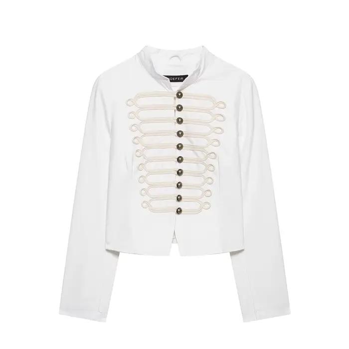 Veste élégante blanche nouée pour femme, coupe ajustée, manches longues, col montant, simple boutonn
