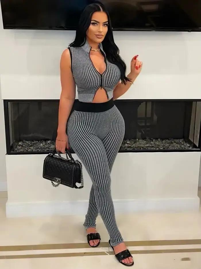 Leosoxs-Survêtement de fitness à fermeture éclair pour femme, ensemble de 2 pièces à rayures, leggin