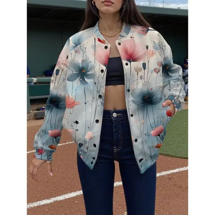 Veste de Baseball blanche pour femmes, avec motif artistique Floral multicolore, manches longues, po