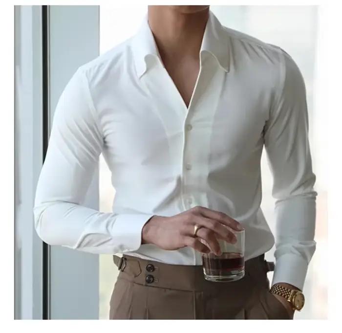 Chemise à col italien pour hommes, vêtements de marque, décontractés, coupe cintrée, à la mode, sans