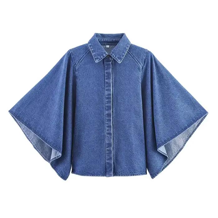 Manches chauve-souris Denim Blouses femmes simple boutonnage solide boutonné chemises femme mode ava