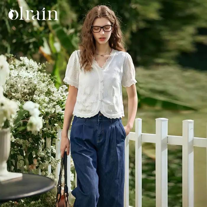 Chemises Blanches OLrain pour Femmes 2026 – Blouses Courtes en Coton Évidées Tendance pour Dames – V