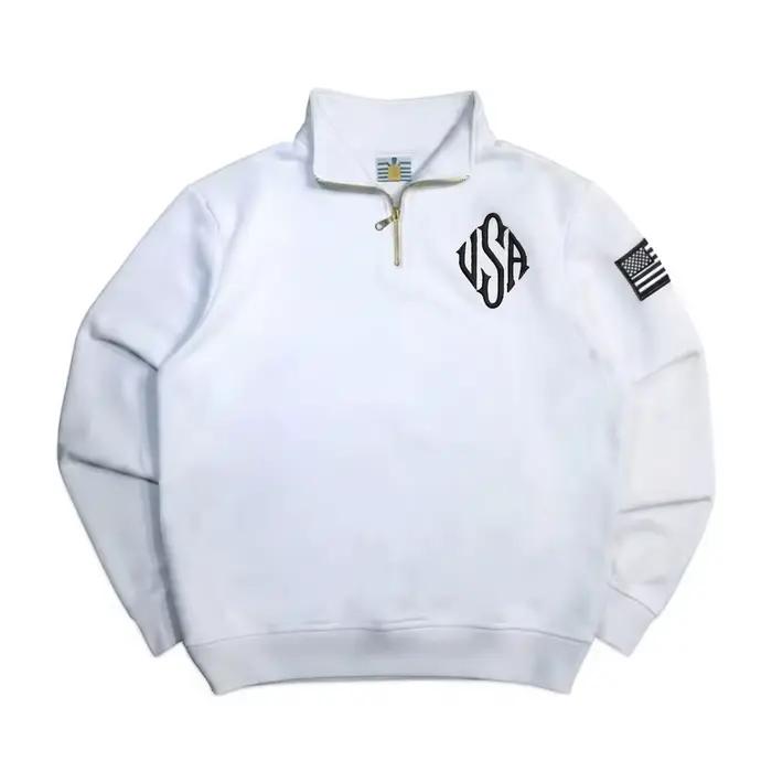 Sweat-shirt Y2K bleu marine à col zippé avec patch drapeau américain brodé USA – Veste unisexe vinta