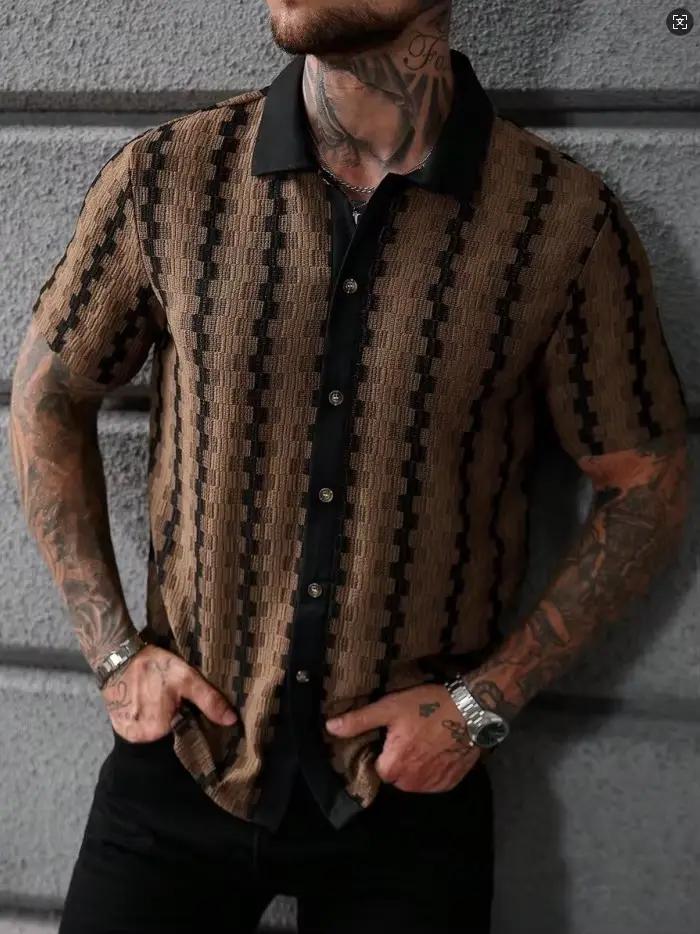 Chemise Classique à Carreaux et Rayures en Tricot pour Homme, Manches Courtes, Boutonnée, Col Rabatt