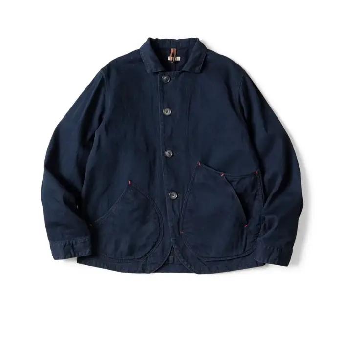 Veste de travail décontractée en denim bleu teint avec revers KAPITAL HH Hirata et Hongri Japan pour