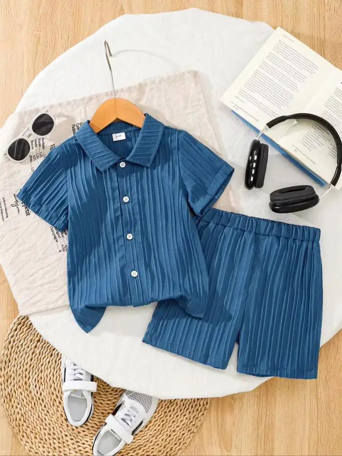 Survêtement texturé d'été pour enfants garçons, col à revers, haut boutonné, short élastique, tenue 
