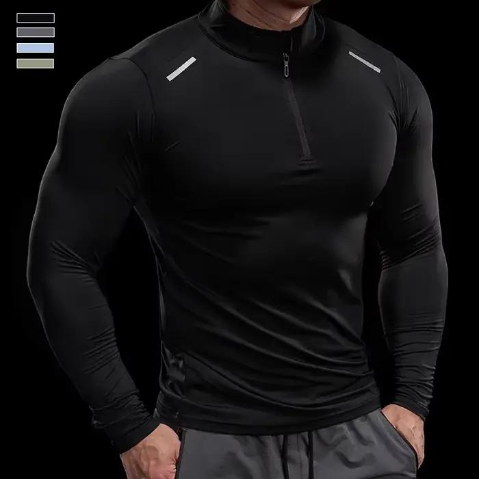 T-shirt à manches longues avec col montant et fermeture éclair pour homme, élastique, serré, t-shirt