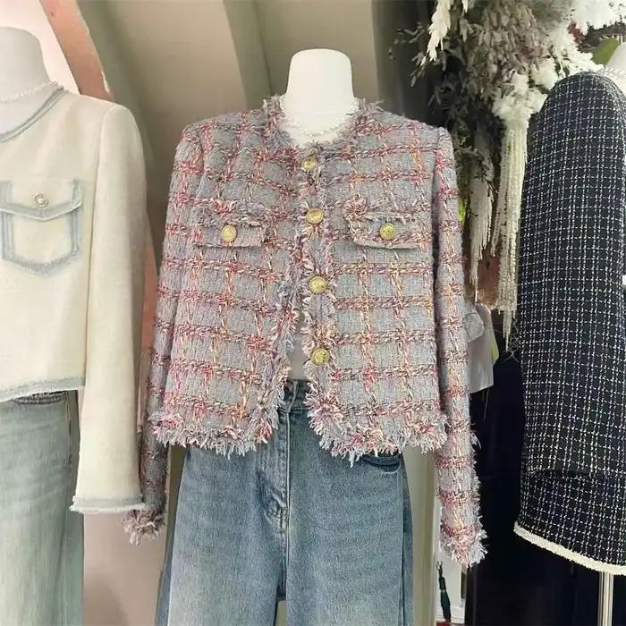 Veste en Tweed parfumée Vintage pour femme, manteaux courts décontractés à carreaux, de haute qualit
