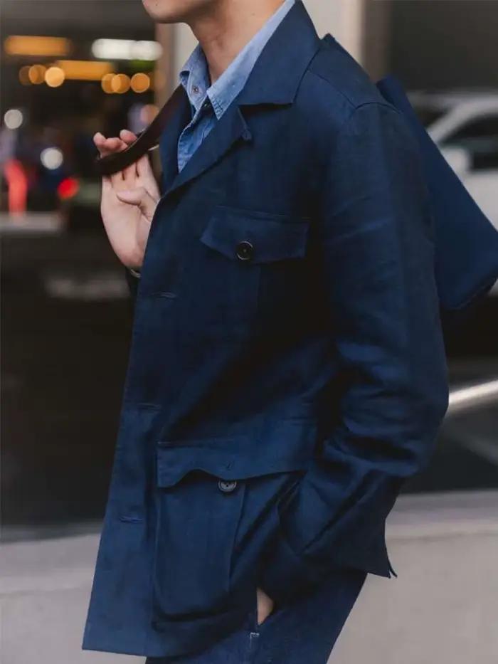 Veste de chasse en lin français bleu marine pour homme, 100% lin, printemps-été, tenue de gentleman